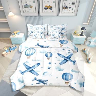 Imagem de Erosebridal Conjunto de edredom solteiro com desenho animado de aeronaves, 7 peças, nuvens azuis e brancas em uma bolsa para crianças, meninas e adultos, conjunto de cama com estampa de estrela de