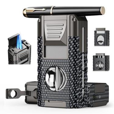 Imagem de Ferramenta integrada para isqueiro 6 em 1, perfurador, suporte, realçador, chamas triplas ajustáveis (sem gás butano) (cor de fibra de carbono)