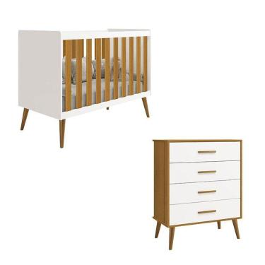 Imagem de Berço Americano E Cômoda Gaveteiro Infantil Isis Branco Acetinado Savana - Reller