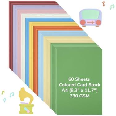 Imagem de Papel cartonado, cores 10 A4 médio 230 g/m2, 60 folhas coloridas, liso para artesanato faça você mesmo 21 x 29,7 cm, cartões de saudações, álbuns, etiquetas