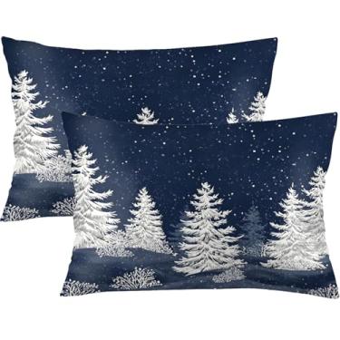 Imagem de Conjunto de 2 fronhas de cama de Natal de inverno, tamanho Queen, 50 x 76 cm, árvores de Natal azuis, estampa de neve de dupla face com zíper oculto para quarto