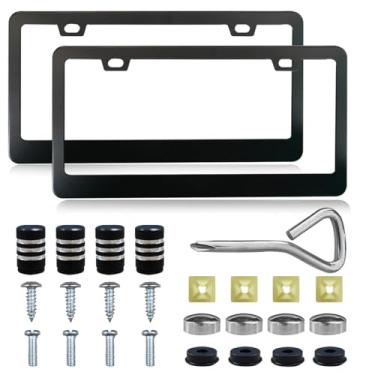 Imagem de DUSCOKE 2 molduras de placa de carro de aço inoxidável - moldura universal à prova de ferrugem com arruelas e tampas de parafusos para matrículas dianteiras traseiras, capa de suporte de placa de