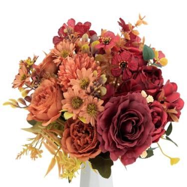 Imagem de PapakeNook 3 ramos de flores artificiais, rosa de seda marrom vermelho escuro, pompom e pequenas margaridas, flores falsas para vaso, adequado para decoração de casa, casamento, jardim, festa, mesa