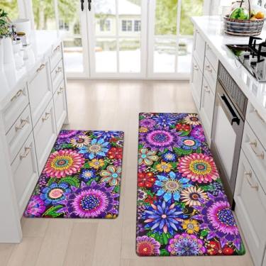 Imagem de Likiyol Tapetes de cozinha Boho Floral Antifadiga Tapete de cozinha para chão, flores boêmias, antiderrapante, lavável, tapete de cozinha, tapete confortável, 45 x 76 cm + 47 cm x 122 cm, 1,2 cm, roxo