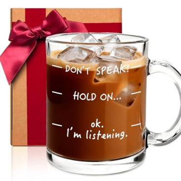 Imagem de ZWV Caneca de café de vidro transparente com alça para mulheres e homens, Don't Speak Hold on ok I'm Listening, 325 ml, canecas engraçadas para colegas de trabalho chefes - Ideias de presentes de