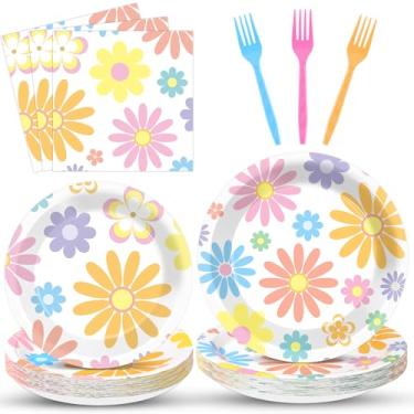 Imagem de Conjunto de pratos e guardanapos pastel, boho, com 96 peças, margarida, retrô, boho, festa, sobremesa, bolo, pratos descartáveis, utensílios de mesa para chá de bebê, aniversário, casamento