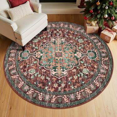 Imagem de U'Artlines Boho Vintage Tapete redondo 1,2 m lavável à máquina Tapete de piso macio antiderrapante antiderrapante para sala de estar, quarto, entrada, sala de jantar, escritório, ferrugem e