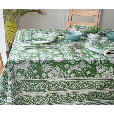 Imagem de VISTALOOM Toalha de mesa com estampa em bloco: 152 x 272 cm, retangular, 100% algodão, pré-encolhida, lavável para primavera, cozinha e jantar, perfeita para pátio, interior e exterior, casa de