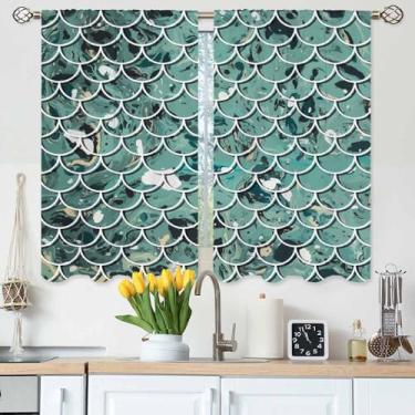 Imagem de Gpiaoyfo Cortinas de cozinha escamas de peixe abstratas retrô verde cauda de sereia beleza mármore onda do mar cortinas de camada curta para banheiro café cortinas de janela pequena tratamento 2