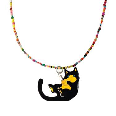 Imagem de Sisha-A Colar Choker de Pérolas Boho Feito à Mão com Argila Polimérica - Pingente Duas Faces de Gato e Estrela, Jóia de Animal Kawaii Presente para Mulheres e Meninas (Preto)