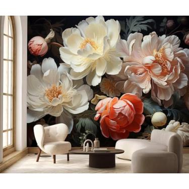 Imagem de PYFFYP - Papel de parede floral 3D com mural autoadesivo de peônia escura para quarto
