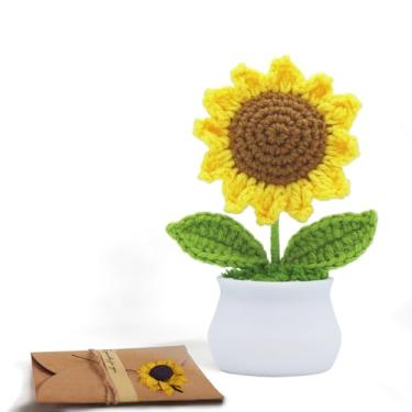 Imagem de Flores de crochê girassol artificial para mesa de escritório, decoração de painel de carro, presente de apoio emocional inspirador feito à mão para mulheres, flores tricotadas aniversário, festa de