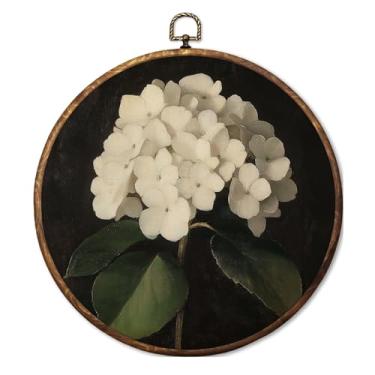 Imagem de Fyecoluo Arte de parede em tela redonda floral hortênsia branca Moody, arte em tela emoldurada floral Dark Academia, Dark Cottagecore Flower Circle Impressões para pendurar na parede do quarto da casa