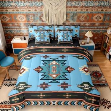 Imagem de Erosebridal Conjunto de edredom Queen Western Bed in a Bag, 7 peças, geométrico, nativo do sudoeste, estilo nórdico exótico, asteca, decoração de quarto, triângulo de diamante, ciano