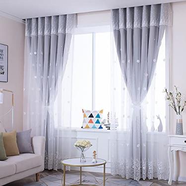 Imagem de Cortinas de renda para sombreamento duplo, cortinas blackout de camada dupla com painéis brancos transparentes, painéis sólidos cortinas com isolamento térmico, cortinas forradas, cortinas de ilhós