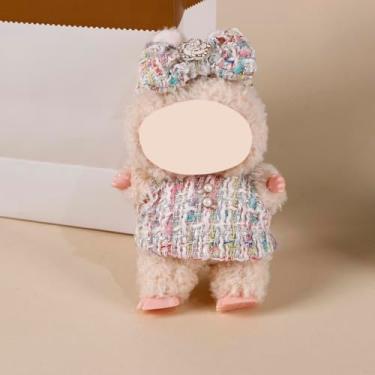 Imagem de Compatível com Labubu (sem boneca) – Conjunto de faixa de cabeça e colete de botão de pérola bege para bonecas de pelúcia de 15 cm/17 cm, acessórios de roupa de boneca (bege)