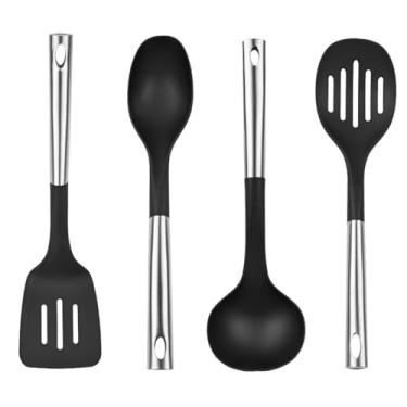 Imagem de Nakagawa Kit Utensílios de Cozinha Elegance, 4 Peças, Silicone e Inox, Preto, Cabo Ergonômico, Espátula, Colher, Escumadeira e Concha, 33cm