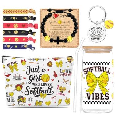 Imagem de Shejdgart Presentes de softbol para meninas e mulheres - Presentes de softbol com copo de vidro de 473 ml, bolsa de maquiagem, chaveiro, pulseira de contas naturais, laços de cabelo, presente de