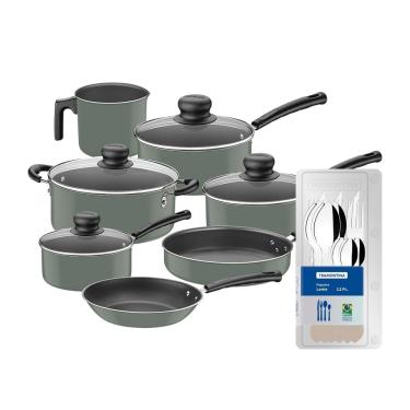 Imagem de Conjunto de Panelas 7 Peças Tramontina Versalhes Starflon Max Verde + Faqueiro 12 Peças Tramontina Leme Cinza