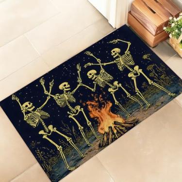 Imagem de amepay Esqueletos dançantes ao redor da fogueira tapete de porta interna – Capacho elegante de 43 x 75 cm de tecido não tecido com design gótico, para varanda, quarto, sala de estar – tapete de