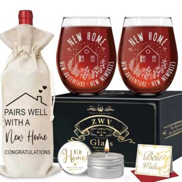 Imagem de ZWV Presentes de taça de vinho para casal, copo de vinho sem haste conjunto de velas para apartamento novo, presentes de bênção para mulheres, homens, casais, compradores de casa pela primeira vez