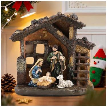 Imagem de Magicsculp Estatueta da Sagrada Família Católica com manjedoura, ornamentos religiosos de bebê Jesus de 25,4 cm para mesa e prateleira, conjunto de presépio de Natal premium para sala de estar, quarto