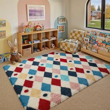 Imagem de PureCozy Tapete quadriculado 12 x 20 cm felpudo fofo sala de estar tapete colorido moderno lavável tapete macio felpudo antiderrapante tapetes felpudos para quarto, dormitório, escritório, casa