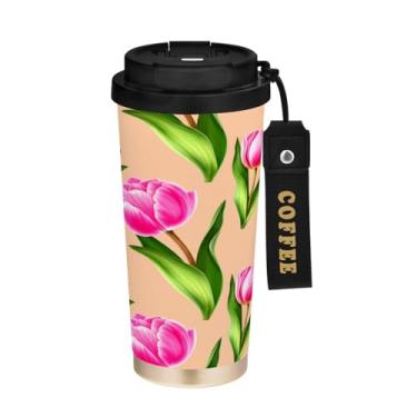 Imagem de STAYTOP Caneca de café tulipas com folhas verdes exuberantes, tampa 2 em 1 à prova de derramamento, copo de viagem de aço inoxidável premium, à prova de vazamento, garrafas de água para viagens