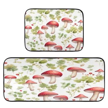 Imagem de Wassud Tapetes de cozinha com cogumelos vermelhos para decoração de casa tapetes de cozinha acolchoados antifadiga tapetes de cozinha antiderrapantes laváveis essenciais de cozinha conjunto de 2