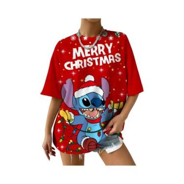 Imagem de Camiseta Feminina Oversized Disney Stitch De Natal Manga Curta Casual 