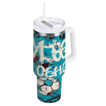 Imagem de STAYTOP Copo de futebol colorido de 1,134 g com tampa e canudo, copo isolado de aço inoxidável durável à prova de vazamento com alça, garrafas de água à prova de derramamento para viagens