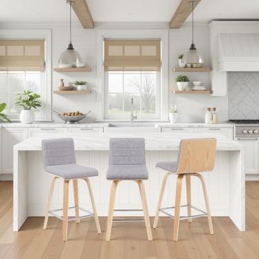 Imagem de Banqueta de barra giratória moderna Vienna com assento estofado cinza e moldura de madeira de carvalho padronizada, conjunto de 3