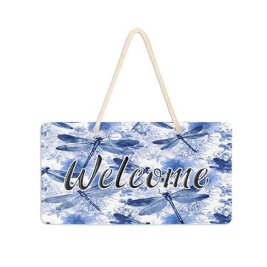 Imagem de Burbuja Placa de boas-vindas de flores de libélulas para porta da frente, placa de boas-vindas de PVC para pendurar na parede varanda casa de fazenda, decoração de feriados, 15 x 28 cm