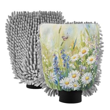 Imagem de STAYTOP Lindas luvas de lavagem de carro com flores silvestres e borboletas da primavera, 2 peças, luvas de microfibra de chenille, sem arranhões, panos de esponja de lavagem ultra absorventes para
