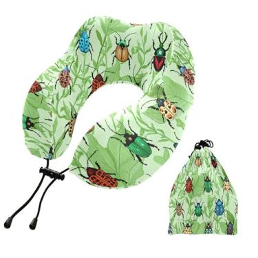 Imagem de Burbuja Travesseiro de pescoço com folhas de besouros para viagem, travesseiro de viagem de espuma viscoelástica para suporte de cabeça de carro de avião, lavável na máquina e portátil
