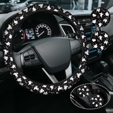 Imagem de Capa de volante de morcego fofo fantasma para mulheres e homens, antiderrapante de alta elasticidade, acessórios de carro, capas de volante, universal, 38 cm para carros, SUVS, inclui 2 porta-copos de