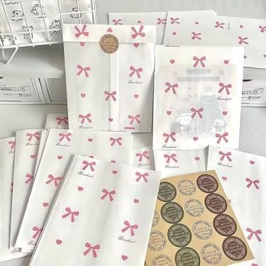 Imagem de 50 peças de saco de presente de coração de laço rosa com adesivos, adorável embalagem de presente, adequada para cartões, diários, aniversários, presentes para amigos, dia dos namorados e casamentos.