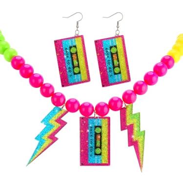 Imagem de Roupas dos anos 80, acessórios de fantasia para mulheres, colar dos anos 80, colares de contas de néon para festas brilhantes, colares com fita de relâmpago, conjunto de joias neon para mulheres