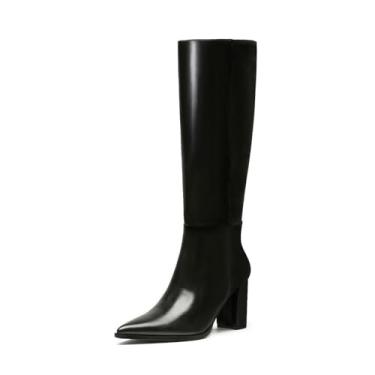 Imagem de Goderci Botas de cano alto, bico fino, bloco grosso, salto médio, botas longas elásticas com zíper lateral, Preto, 35