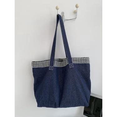 Imagem de Sacola jeans xadrez, bolsa de ombro casual com alça superior, bolsa espaçosa para trabalho e uso diário, Preto