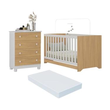Imagem de Berço Americano 3 em 1 com Colchão Incluso e Cômoda 4 Gavetas Allegra Multimóveis Mp4700 Branco/madeirado