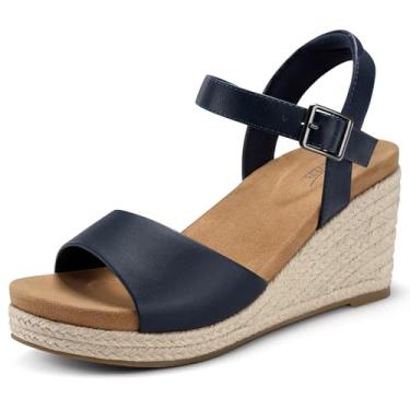 Imagem de SHIBEVER Sandálias femininas plataforma plataforma: espadrille elegante confortável verão dedo aberto tira no tornozelo fivela feminina sandália, Azul, 41