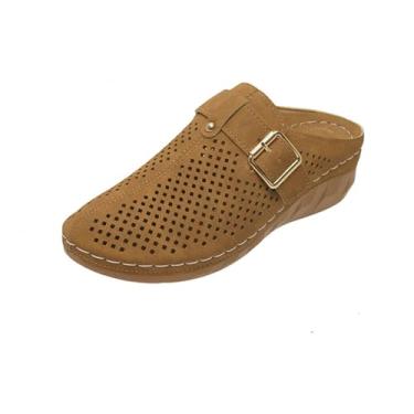 Imagem de Sandália feminina Baotou com fivela oca decorativa salto plataforma grosso design casual verão, Marrom, 36