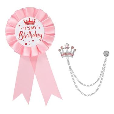 Imagem de PATIKIL Broche de aniversário MY Birthday com fita de cetim e broche de corrente pendurada na coroa para decoração de festa de aniversário, One Size, Liga de aço, Sem Pedra Preciosa