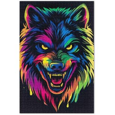 Imagem de Quebra-cabeça de lobo neon colorido 500 peças para adultos presentes de festa de elefante branco presentes masculinos paisagem floral exclusiva, 51 x 35 centímetros