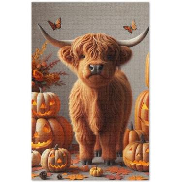 Imagem de Quebra-cabeça de vaca Highland de Halloween para adultos, 500 peças, presentes de elefante branco, quebra-cabeça divertido e divertido, pintura de paisagem, 51 x 35 cm
