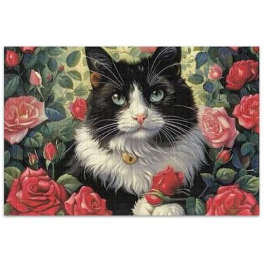 Imagem de Quebra-cabeça de gato fofo com rosas e flores para adultos, 1000 peças, arte, brinquedo, pintura, quebra-cabeças duros, engraçados