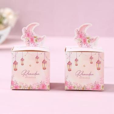 Imagem de 24 caixas de petiscos 3D Eid Mubarak, Ramadan Kareem aquarela rosa branco flor padrão lua presente caixas com alça de lua, suprimentos de decoração de festa reciclados para doces