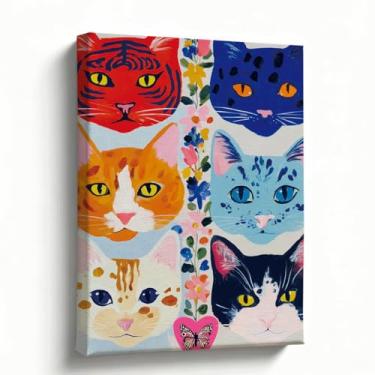 Imagem de Impressão em tela de gato, 20 x 25 cm, retratos coloridos de gato com detalhes florais, arte pop art moderna para quarto, sala de estar, berçário, escritório, pronto para pendurar, ideia de presente