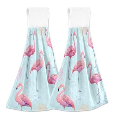 Imagem de Toalhas de cozinha elegantes flamingos rosa azul com laço para pendurar conjunto de toalhas de banheiro personalizadas com 2 decorações de cozinha fofas absorventes 47 x 35 centímetros